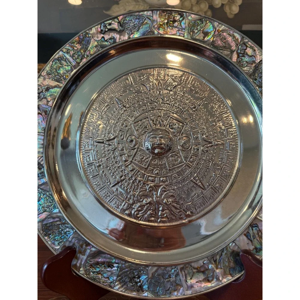 Vintage Aztec Calendar Wall‎ Plate - Alpaca Mexico Silver with Abalone Inlay